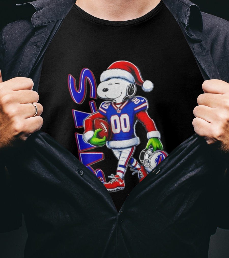 Buffalo Bills Snoopy Christmas NFL Football Player With Santa Hat And Grinch Hands T-Shirt