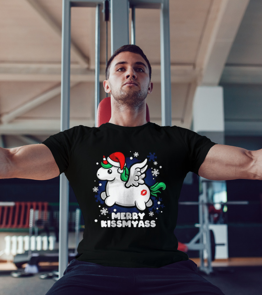 Merry Kissmyass Pegasus Santa Hat Snowflakes T-Shirt