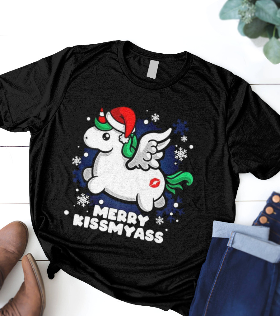 Merry Kissmyass Pegasus Santa Hat Snowflakes T-Shirt