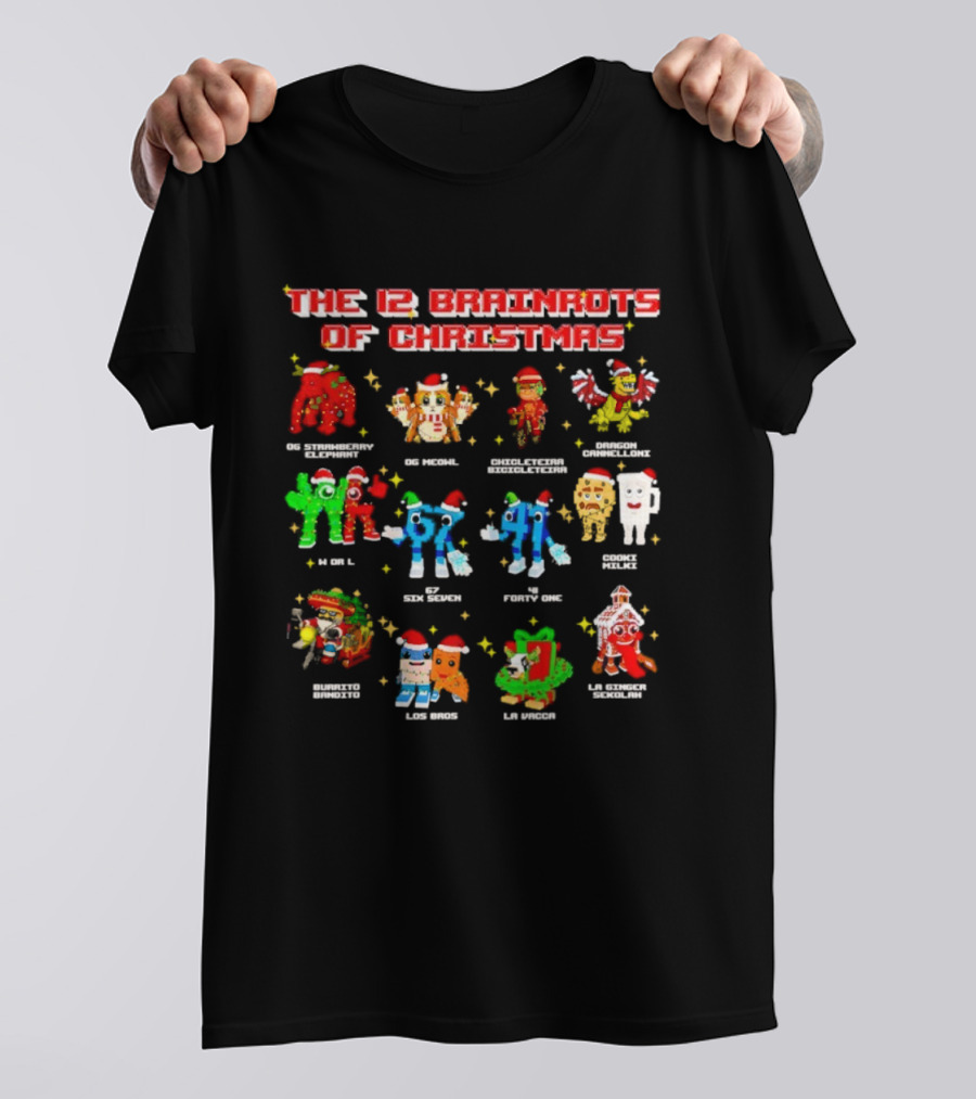The 12 Brainrots Of Christmas Funny Festive Characters Santa Hats T-Shirt