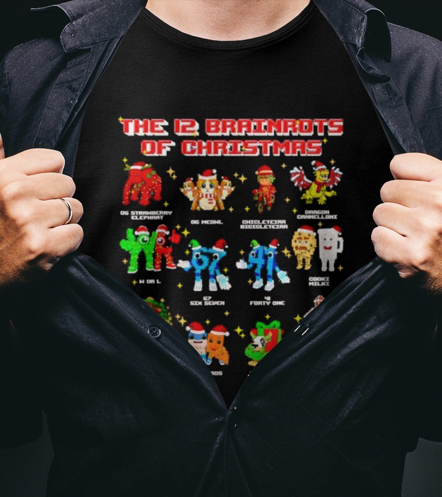 The 12 Brainrots Of Christmas Funny Festive Characters Santa Hats T-Shirt