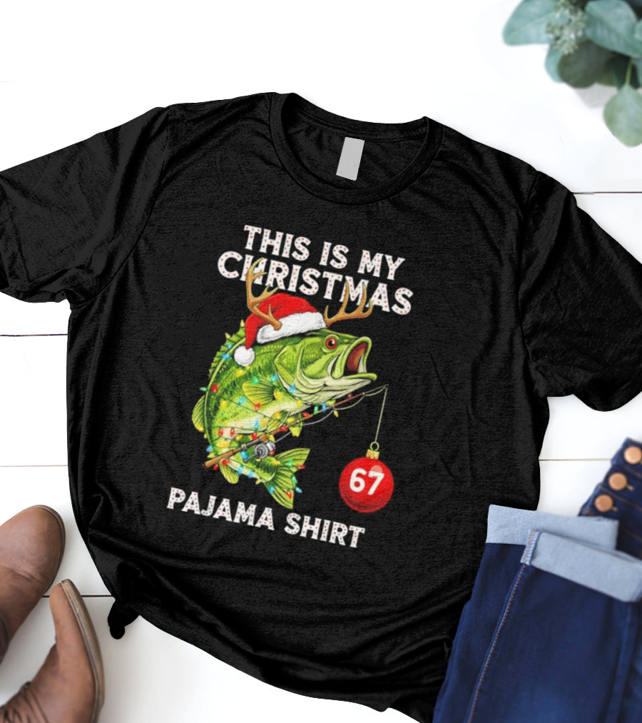 This Is My Christmas Pajama Bass Fish Santa Hat Lights Reindeer Antlers 67 Ornament T-Shirt
