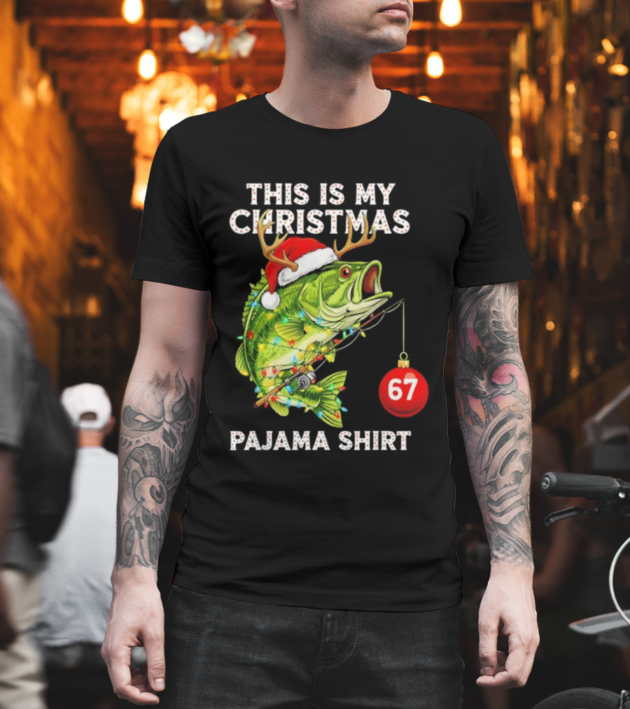 This Is My Christmas Pajama Bass Fish Santa Hat Lights Reindeer Antlers 67 Ornament T-Shirt
