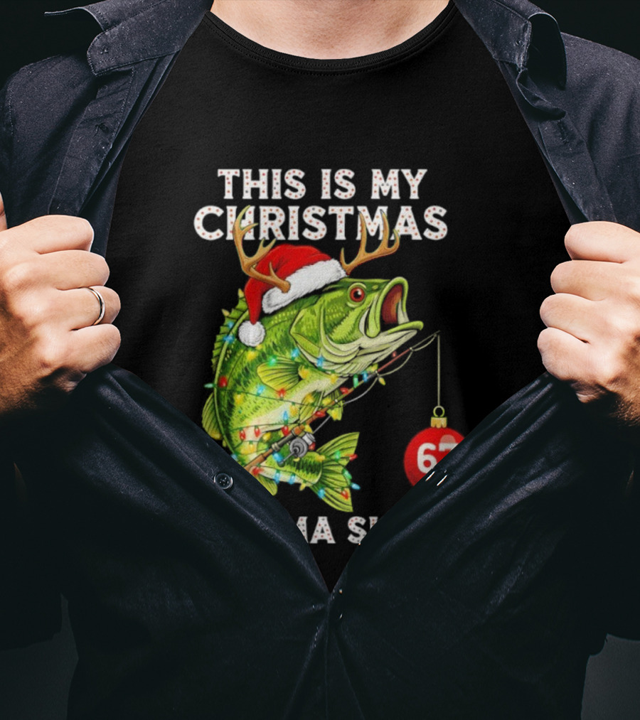 This Is My Christmas Pajama Bass Fish Santa Hat Lights Reindeer Antlers 67 Ornament T-Shirt