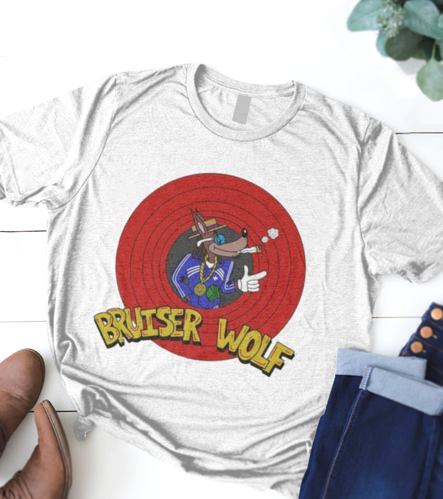 Bruiser Wolf Cartoon Vibes Smoking Character In Circular Red Background T-Shirt