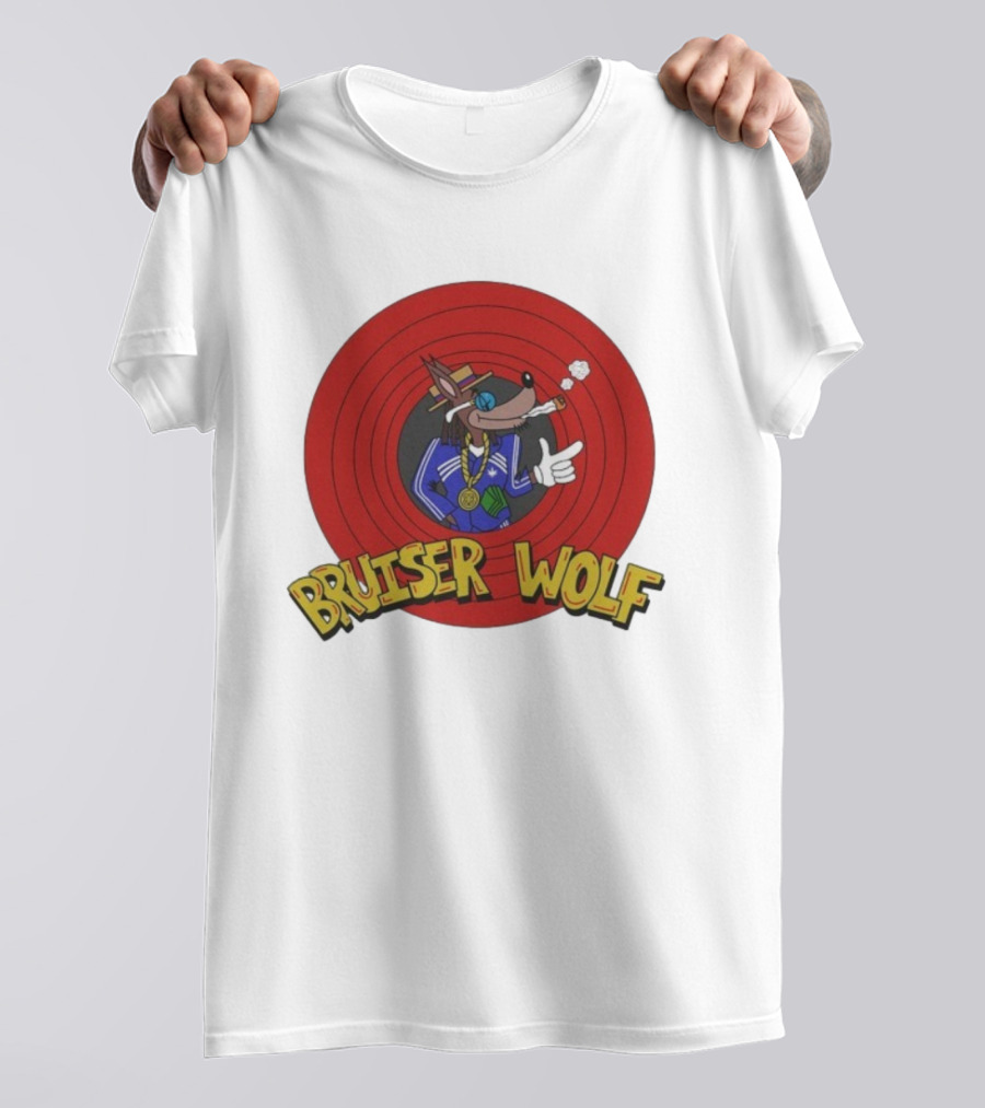 Bruiser Wolf Cartoon Vibes Smoking Character In Circular Red Background T-Shirt