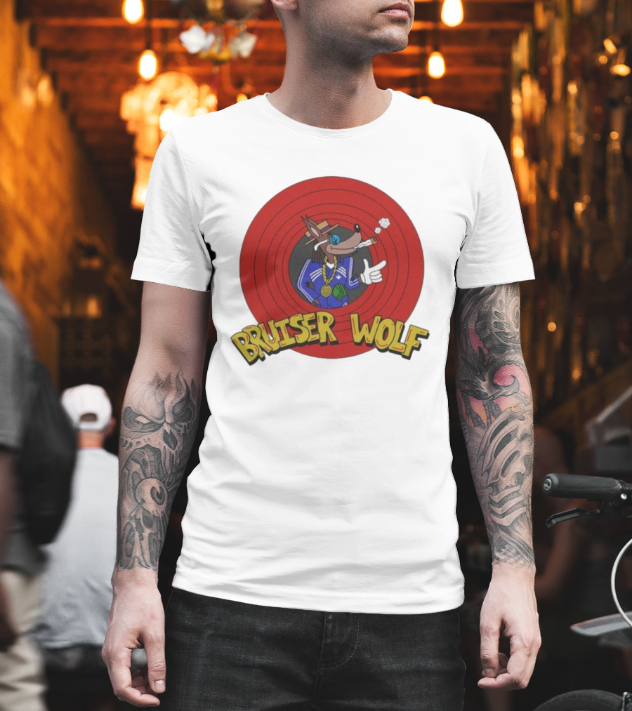 Bruiser Wolf Cartoon Vibes Smoking Character In Circular Red Background T-Shirt