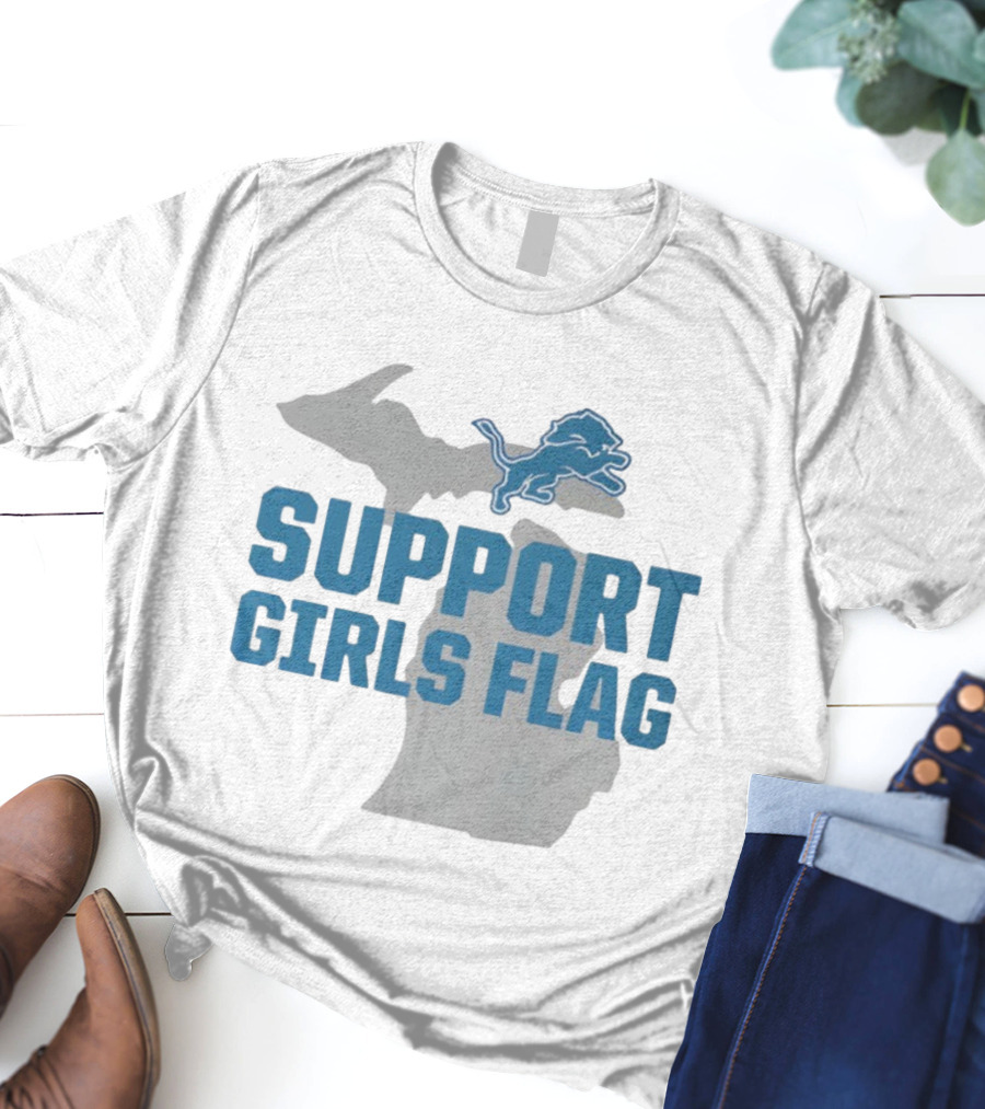 Detroit Lions Support Girls Flag Michigan Map T-Shirt
