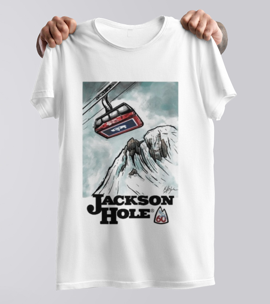 Jackson Hole 60th Anniversary Kelly Halpin Ski Tram Mountain Scene T-Shirt