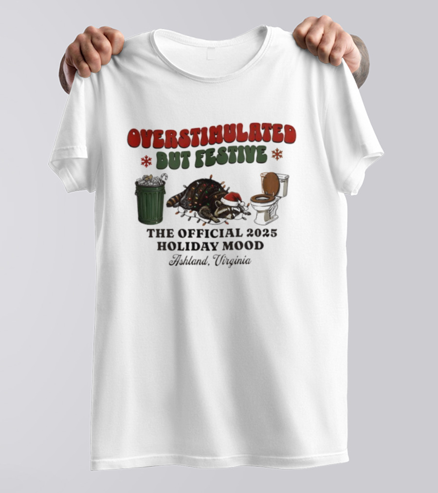 Overstimulated But Festive Raccoon The Official 2025 Holiday Mood Ashland Virginia T-Shirt