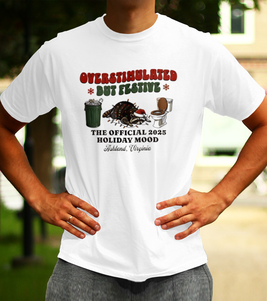 Overstimulated But Festive Raccoon The Official 2025 Holiday Mood Ashland Virginia T-Shirt