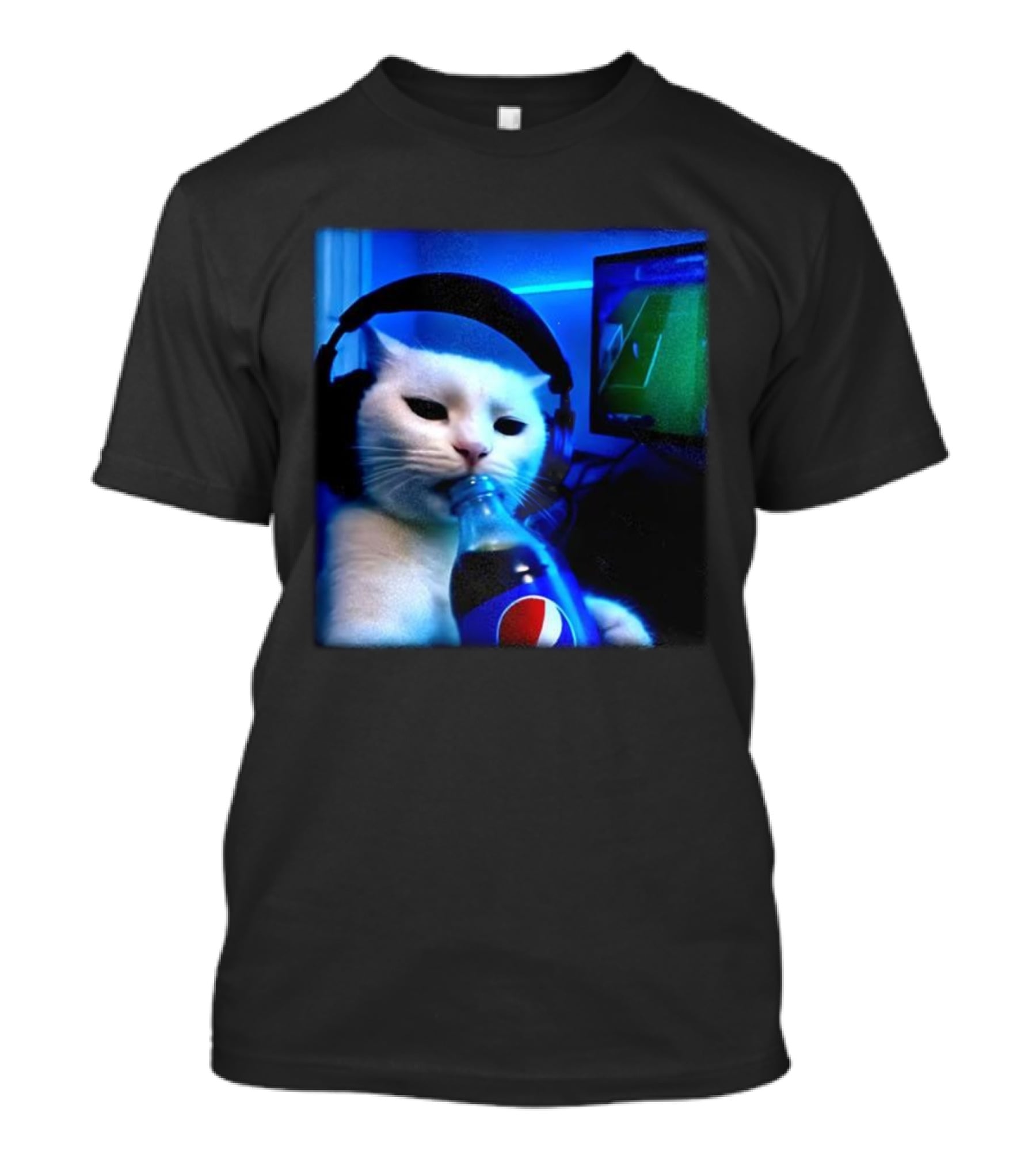 Cat Wearing Headphones Drinking Pepsi Gaming Meme T-Shirt