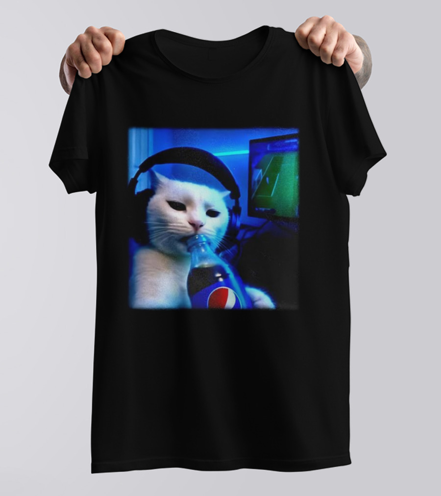 Cat Wearing Headphones Drinking Pepsi Gaming Meme T-Shirt