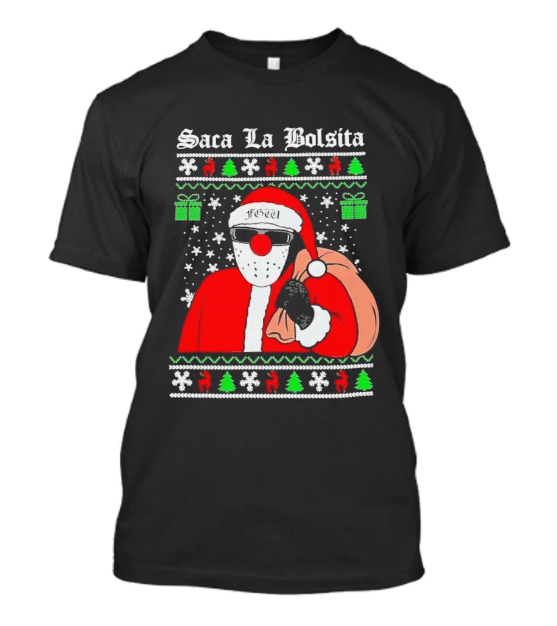 Saca La Bolsita Ugly Xmas Santa With Sunglasses And Bag Snowflakes Christmas Trees T-Shirt