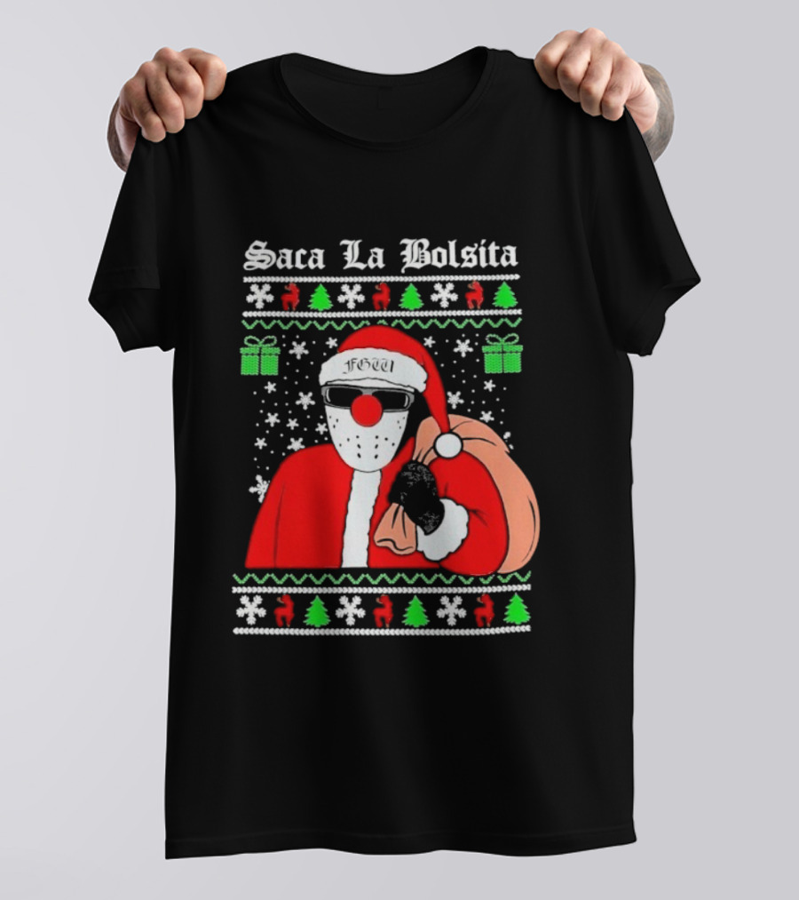 Saca La Bolsita Ugly Xmas Santa With Sunglasses And Bag Snowflakes Christmas Trees T-Shirt
