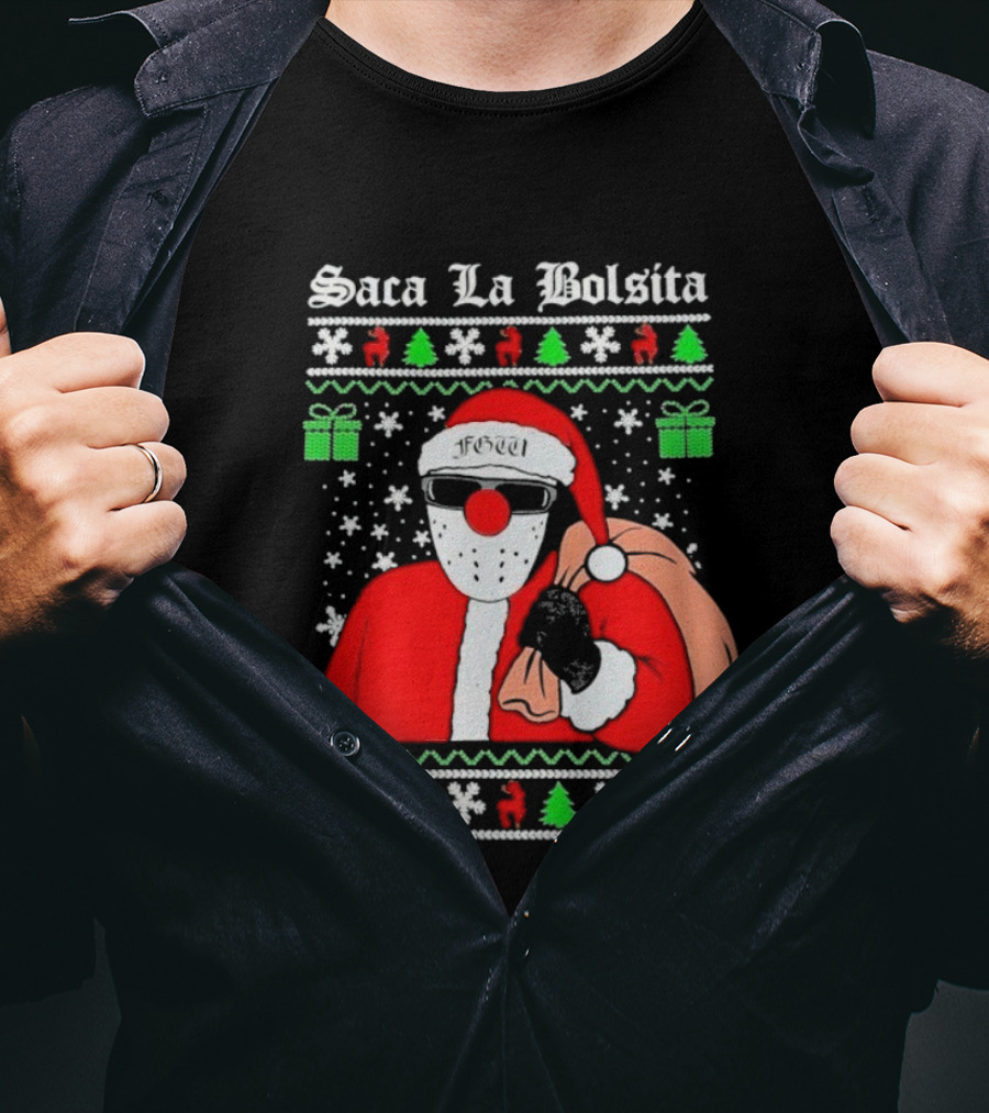 Saca La Bolsita Ugly Xmas Santa With Sunglasses And Bag Snowflakes Christmas Trees T-Shirt