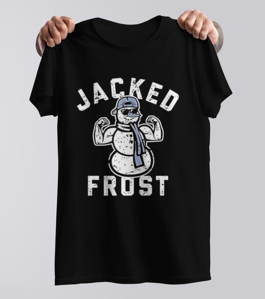 Jacked Frost Snowman Flexing Muscles With Winter Hat And Scarf T-Shirt