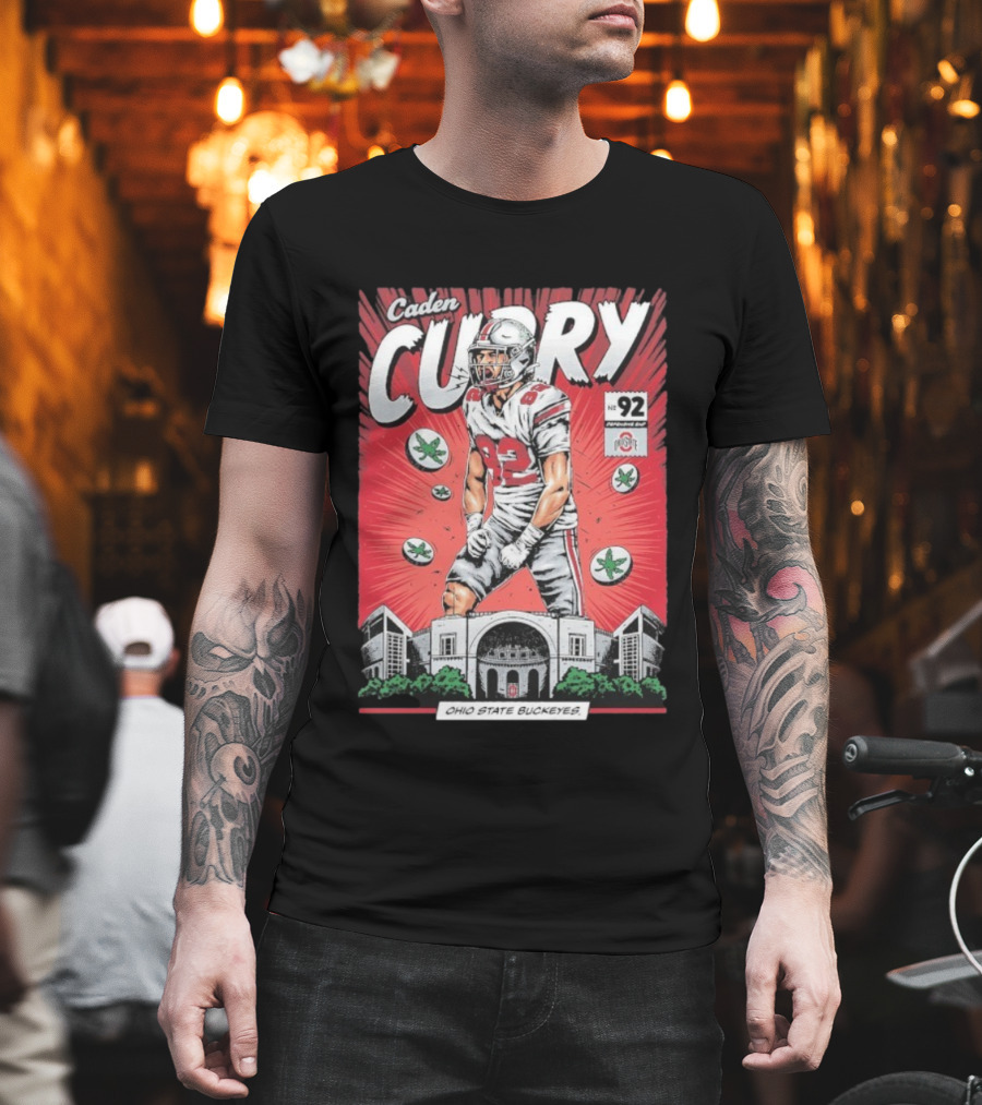 Caden Curry Ohio State Buckeyes #92 Comic Style Football Player Scene T-Shirt