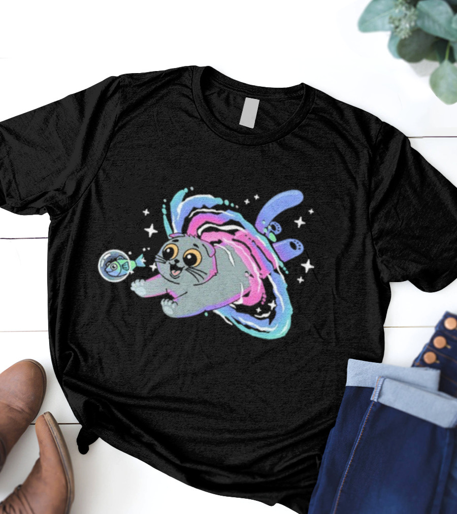 Vegetta777 Do Cats Dream Of Space Cosmic Adventure Cat And Fish In Space Dreams T-Shirt