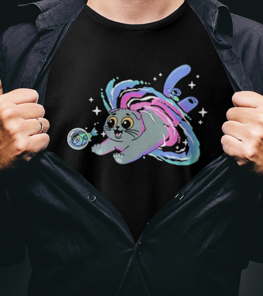 Vegetta777 Do Cats Dream Of Space Cosmic Adventure Cat And Fish In Space Dreams T-Shirt