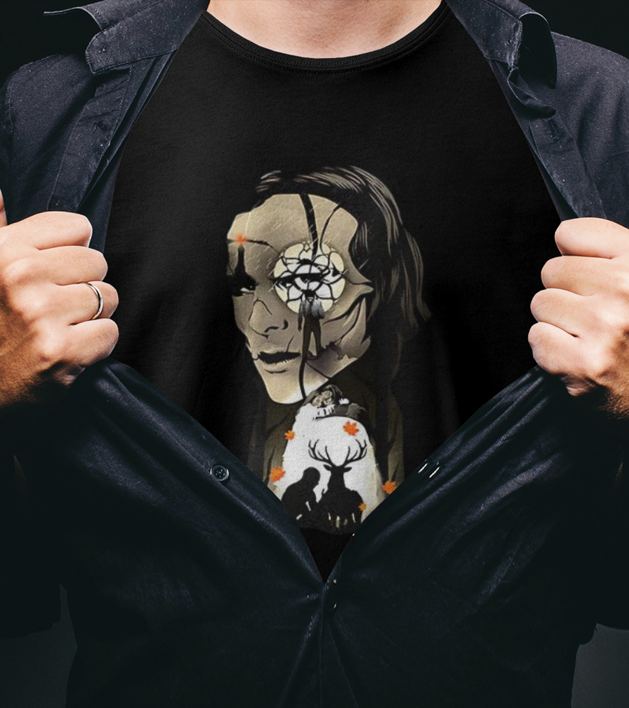 The Gentle Monster Face And Autumn Leaves With Silhouettes Of People And Deer T-Shirt