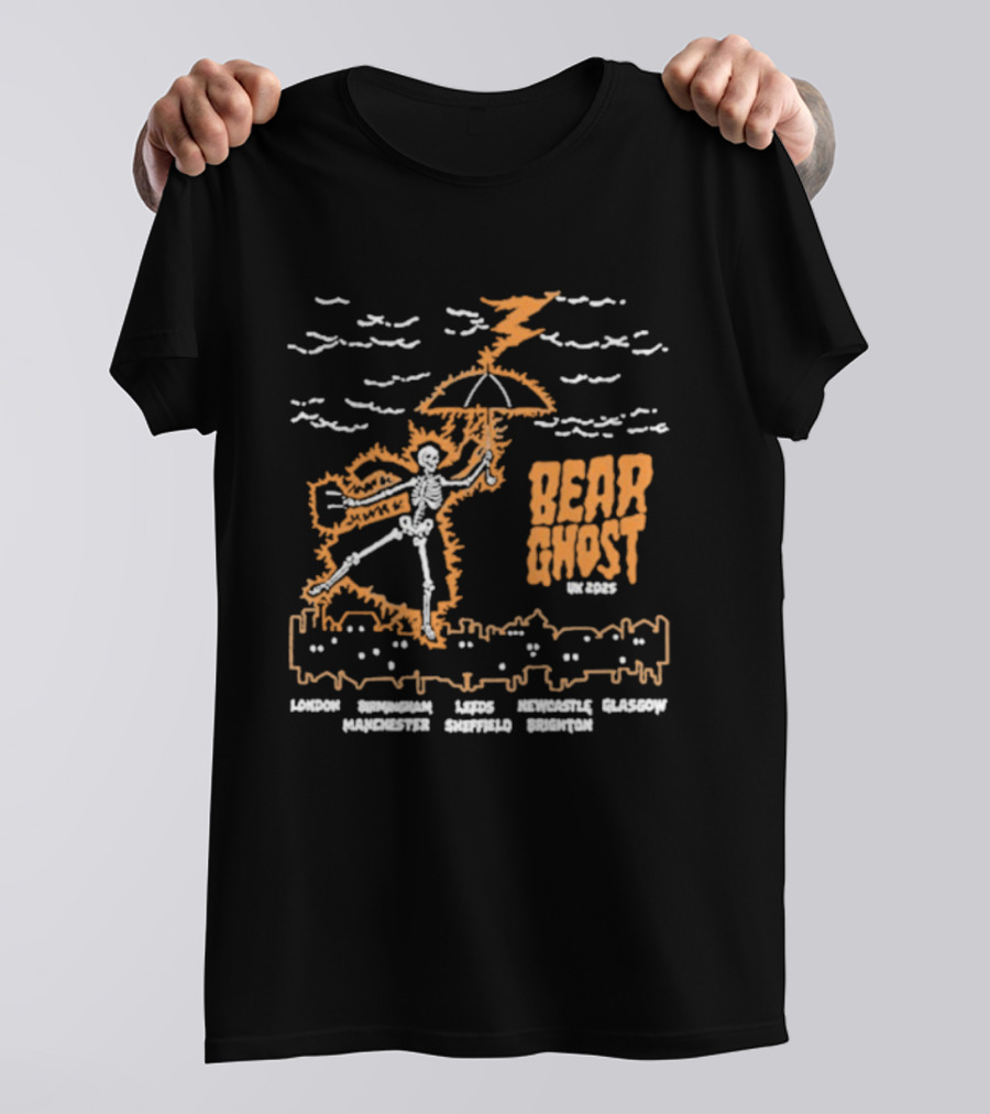 Bear Ghost UK Tour 2025 Skeleton Lightning Umbrella Cities Text T-Shirt