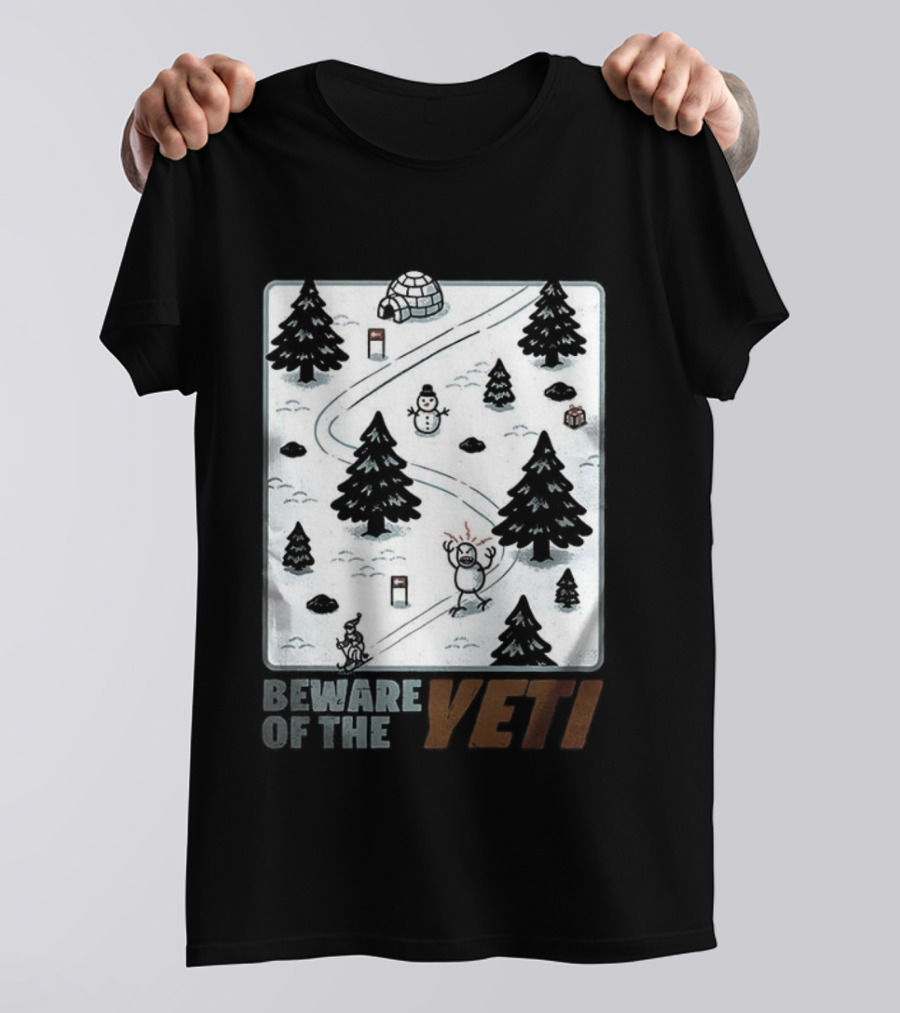 Beware Of The Yeti Funny Cartoon Ski Slope Scene T-Shirt