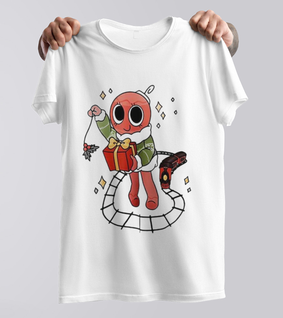 Bobette Light Green Cartoon Character Holding Gift With Train Elements T-Shirt