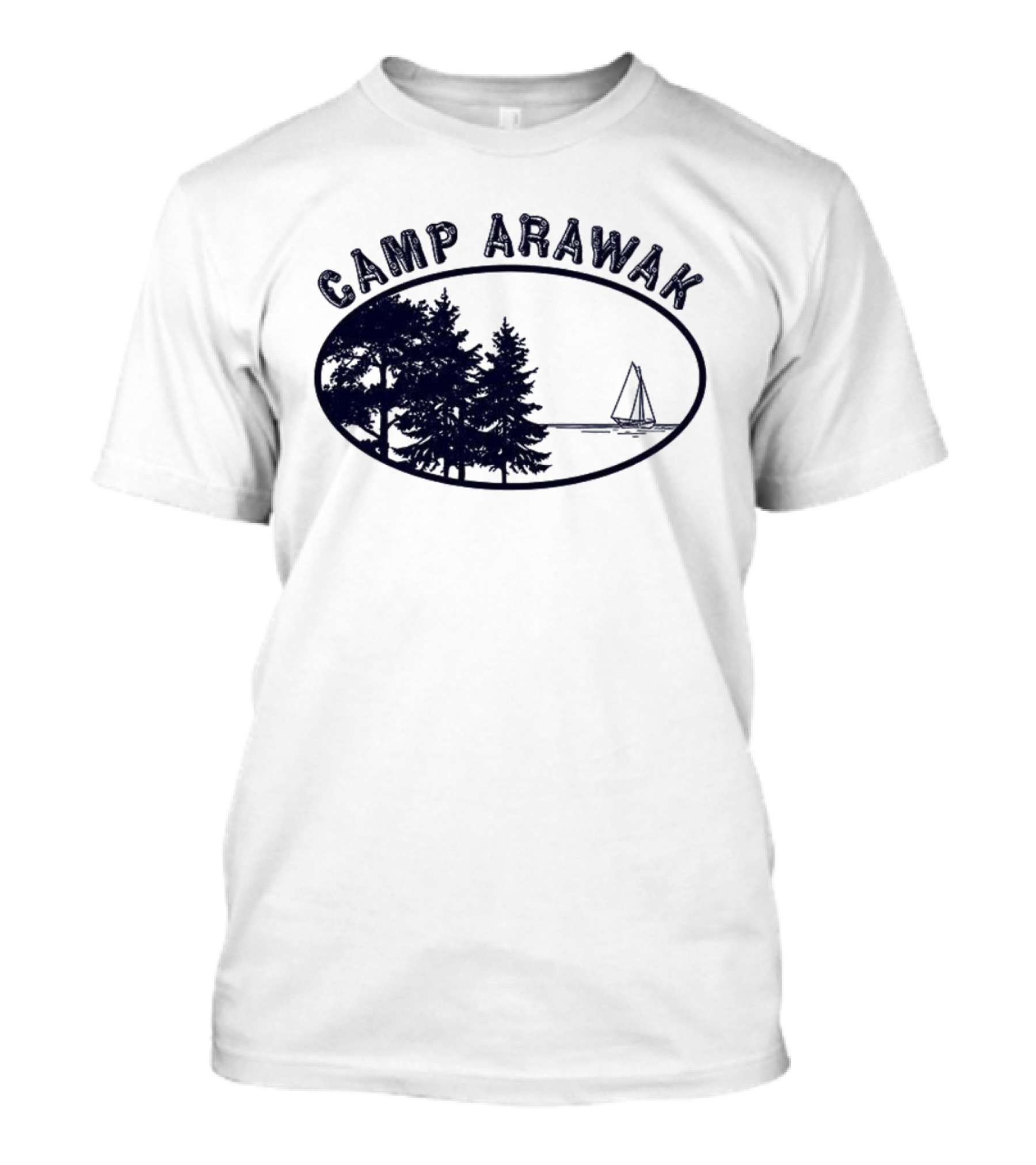 Camp Arawak Trees And Sailboat Scene T-Shirt