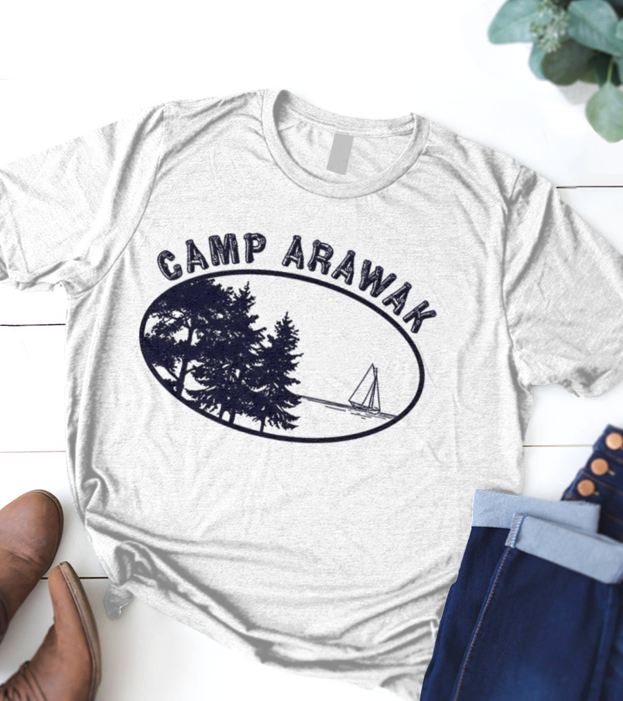 Camp Arawak Trees And Sailboat Scene T-Shirt