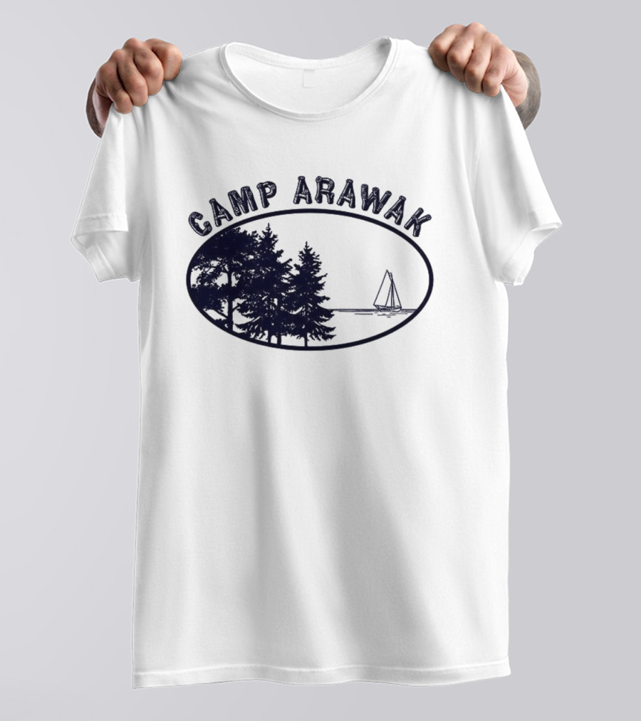 Camp Arawak Trees And Sailboat Scene T-Shirt