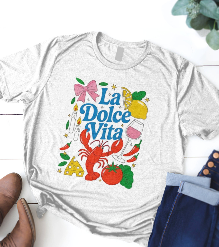 J’aime La Dolce Vita Lobster Lemon Tomato Cheese Bow Candles Wine Peppers T-Shirt