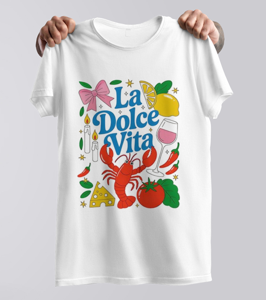 J’aime La Dolce Vita Lobster Lemon Tomato Cheese Bow Candles Wine Peppers T-Shirt
