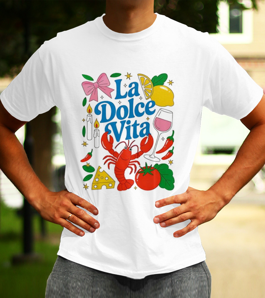 J’aime La Dolce Vita Lobster Lemon Tomato Cheese Bow Candles Wine Peppers T-Shirt