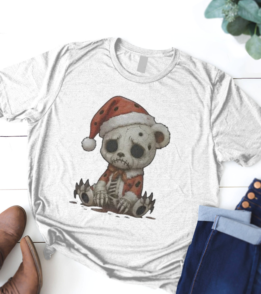 Merry & Boney Christmas Creepy Skeleton Teddy Bear Santa Hat T-Shirt
