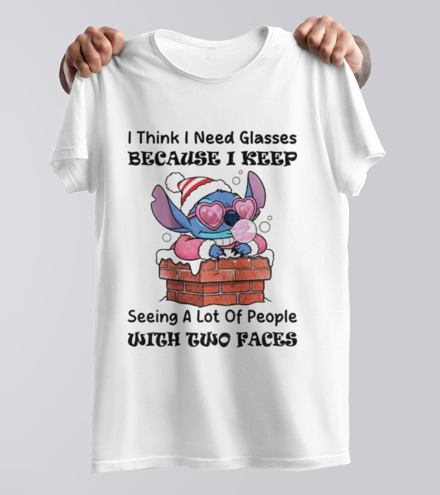 Stitch Christmas I Think I Need Glasses Seeing People With Two Faces T-Shirt
