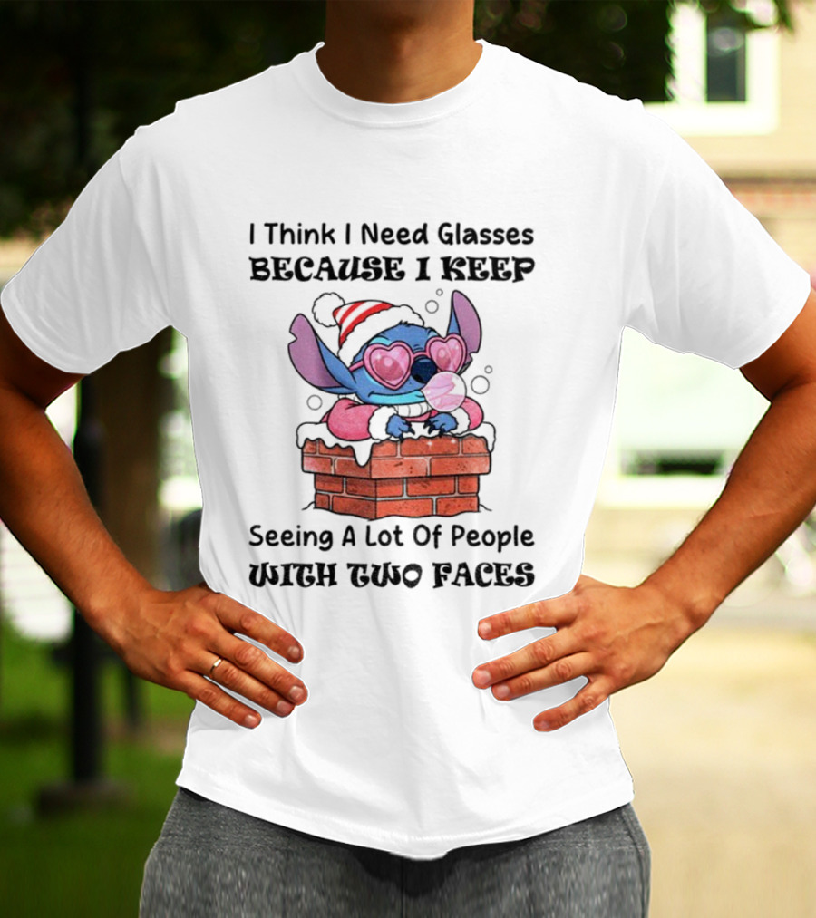 Stitch Christmas I Think I Need Glasses Seeing People With Two Faces T-Shirt
