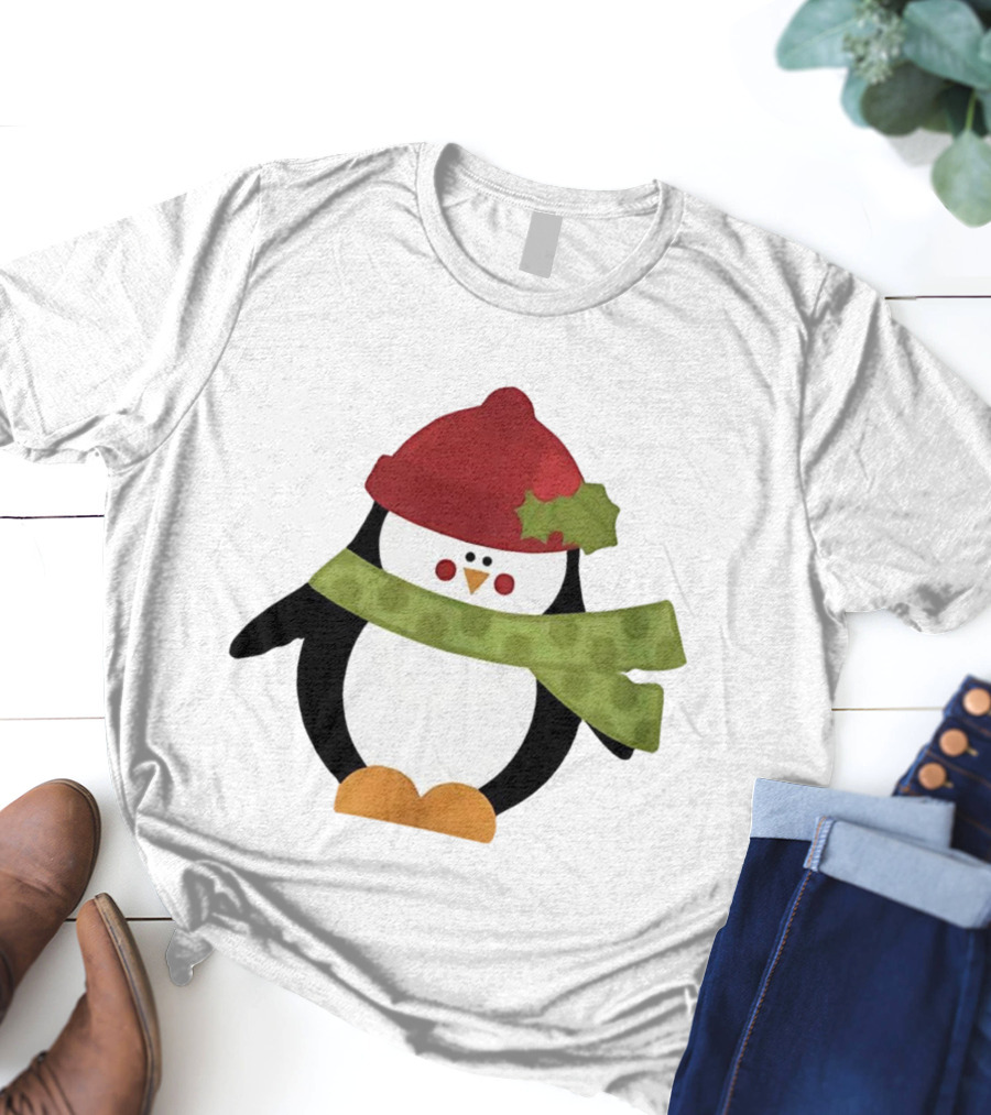 Cute Penguin Christmas Cartoon With Red Hat And Green Scarf T-Shirt
