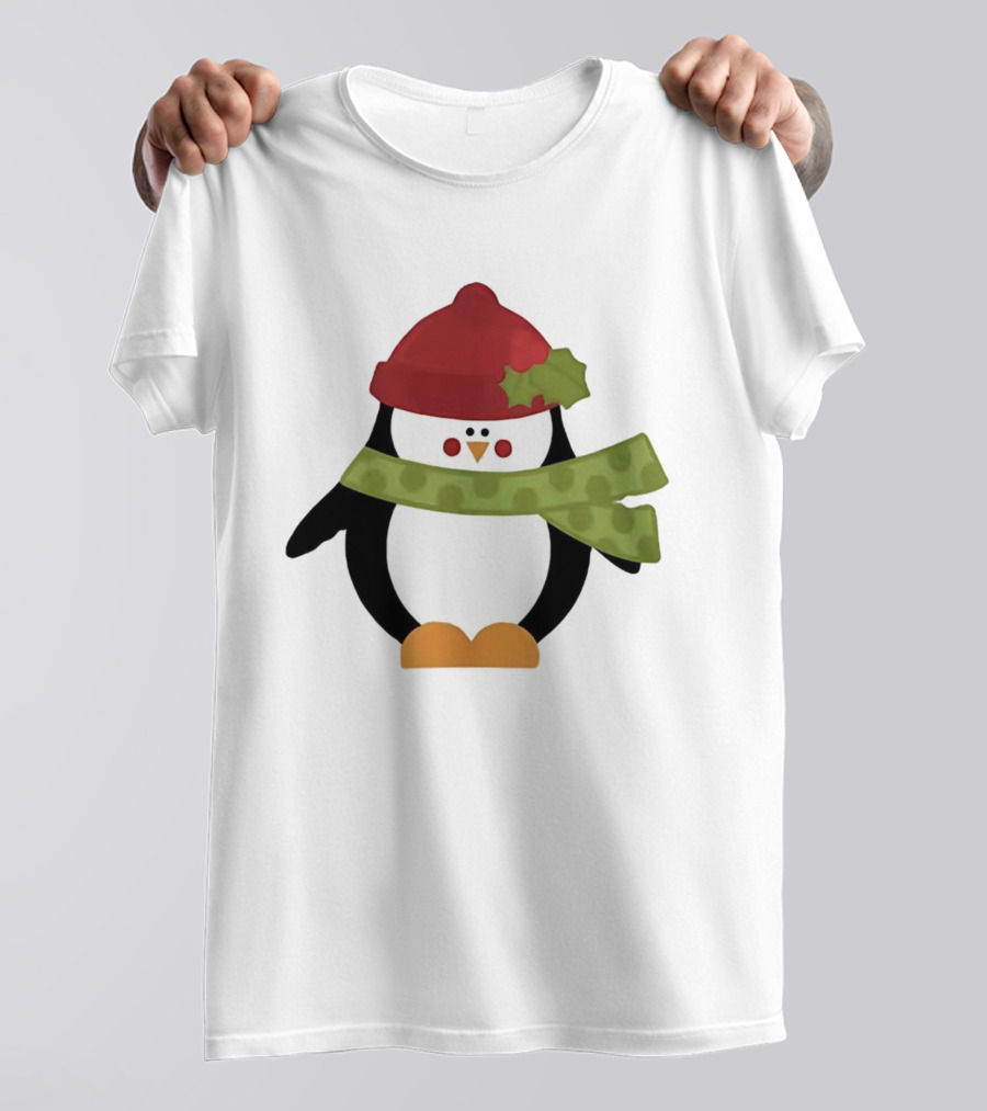 Cute Penguin Christmas Cartoon With Red Hat And Green Scarf T-Shirt