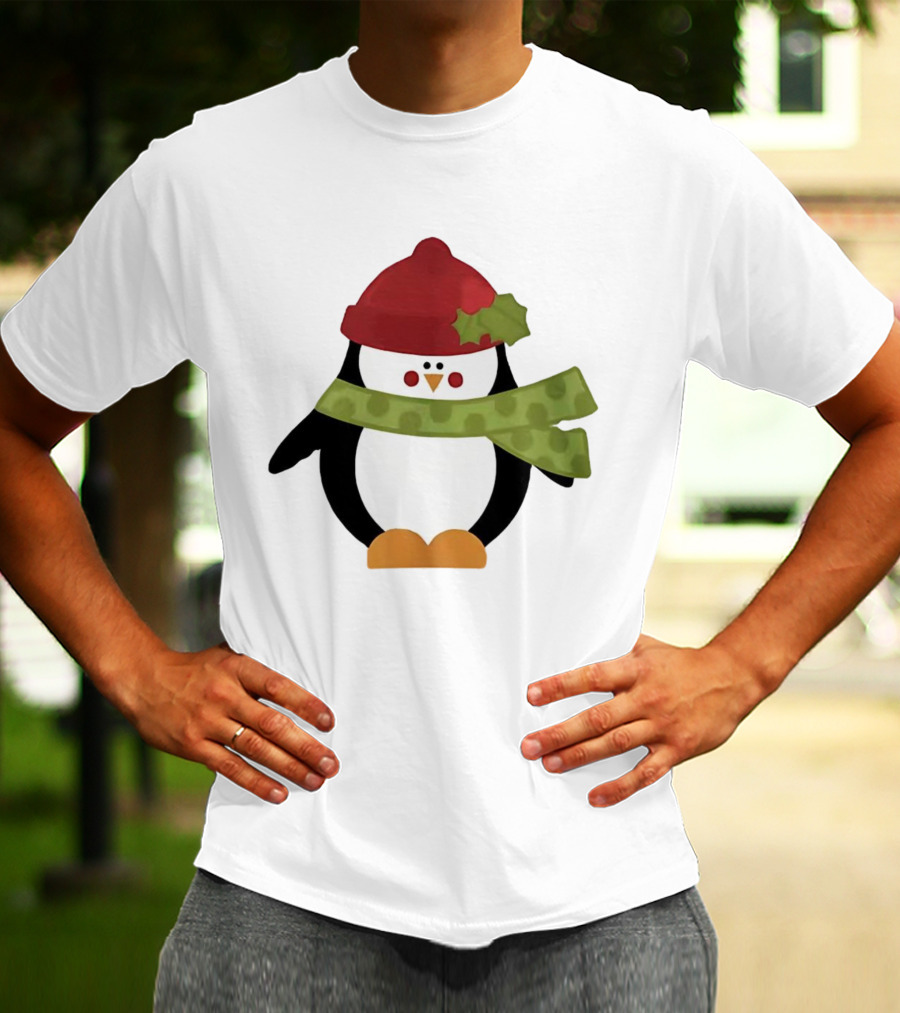 Cute Penguin Christmas Cartoon With Red Hat And Green Scarf T-Shirt