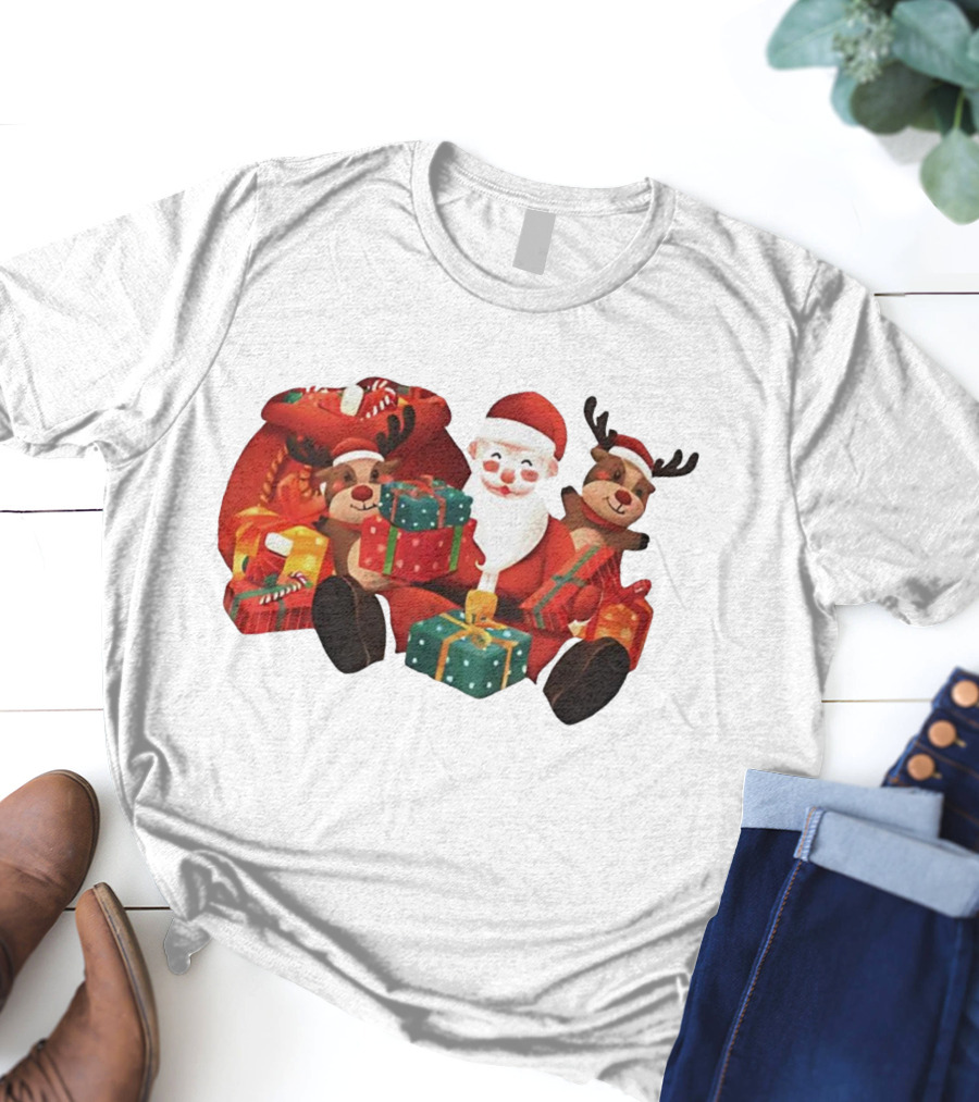 Santa Claus And Reindeer Holding Christmas Gifts With Sack And Ribbon T-Shirt