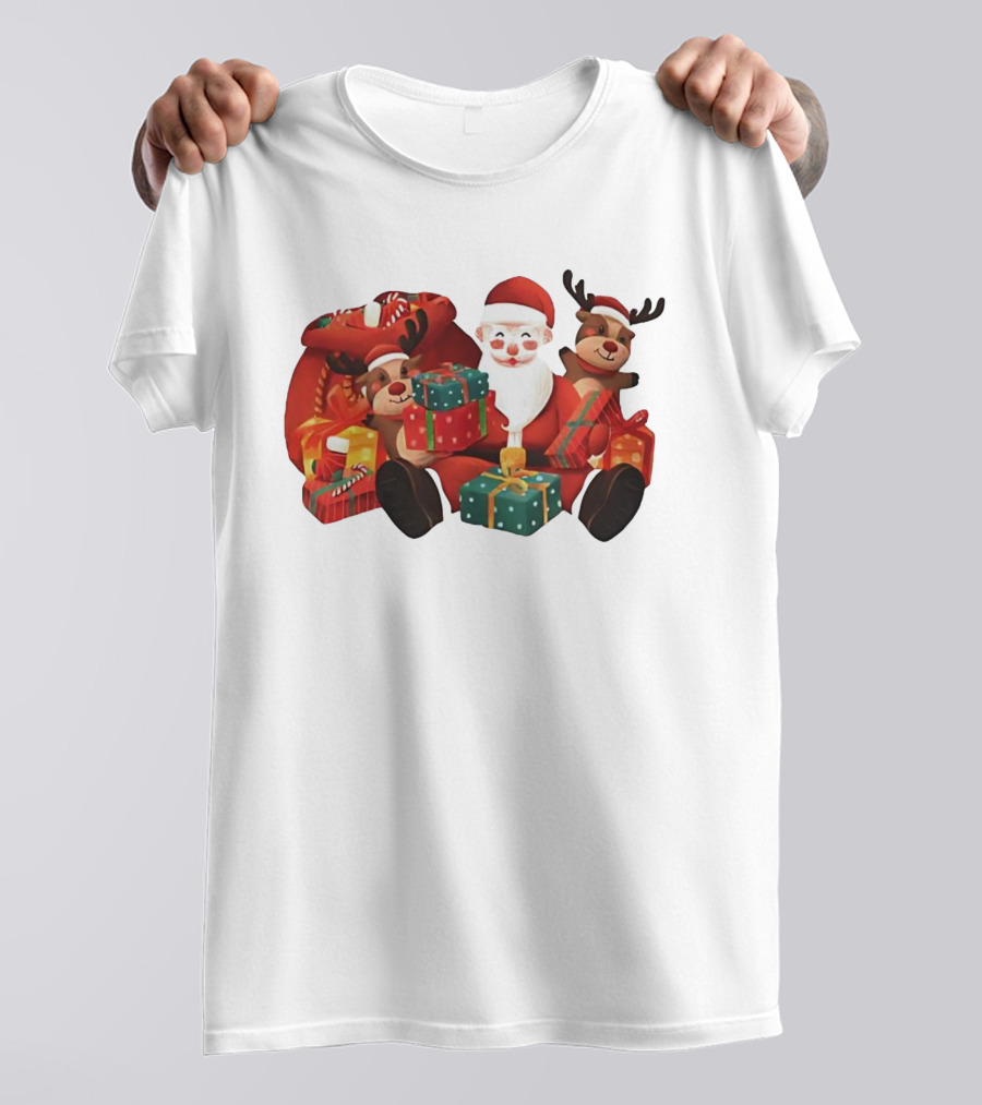Santa Claus And Reindeer Holding Christmas Gifts With Sack And Ribbon T-Shirt