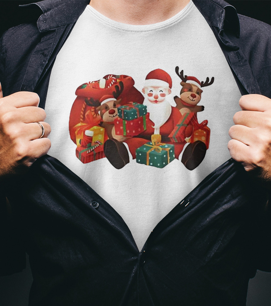 Santa Claus And Reindeer Holding Christmas Gifts With Sack And Ribbon T-Shirt