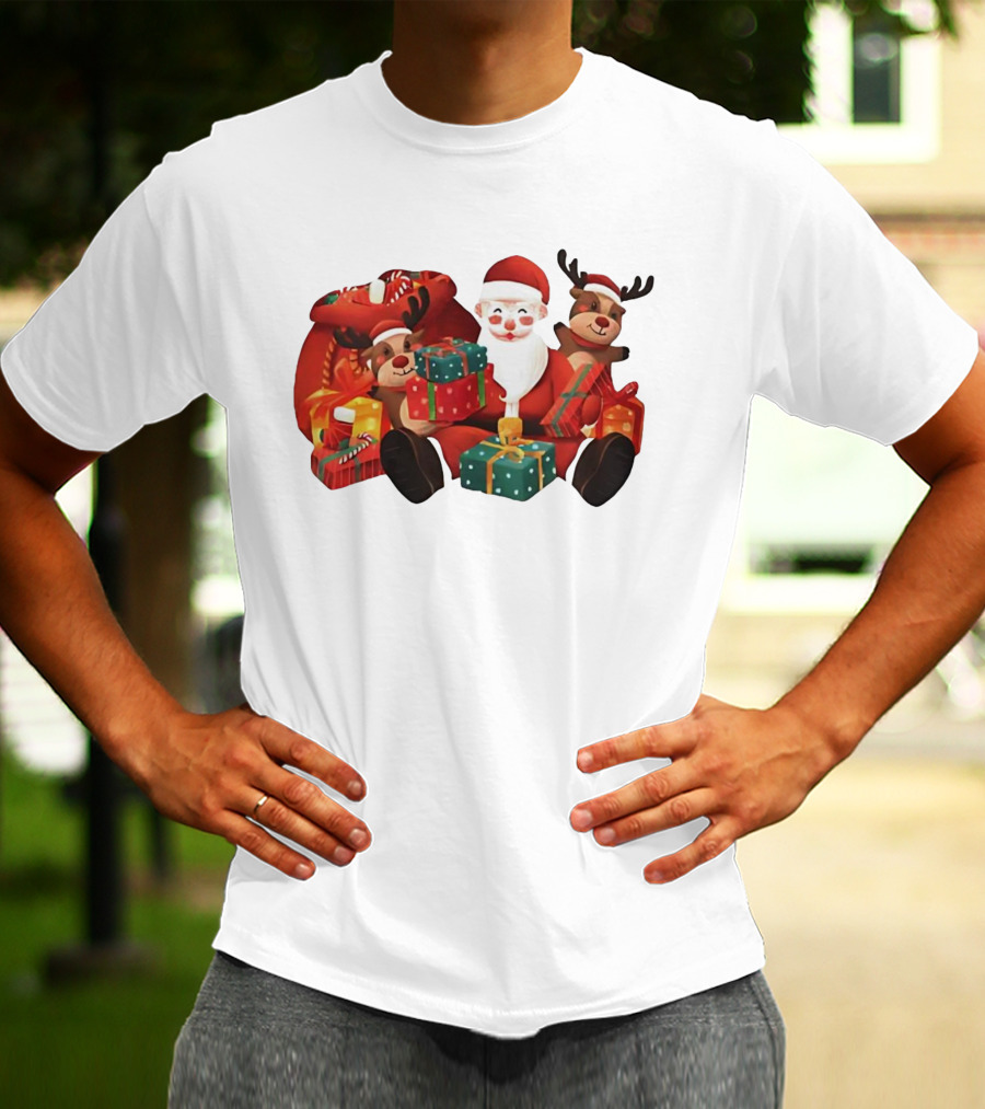 Santa Claus And Reindeer Holding Christmas Gifts With Sack And Ribbon T-Shirt