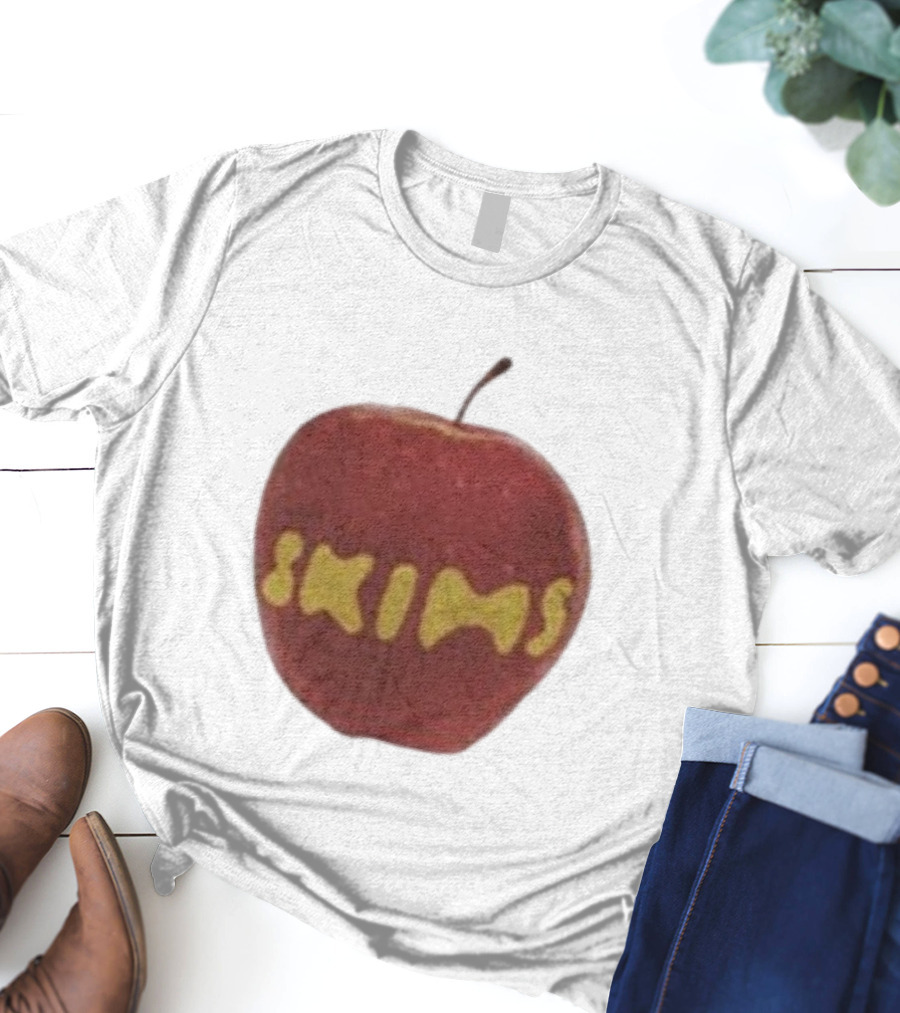 Skims Apple Bold Yellow Text On Red Apple T-Shirt