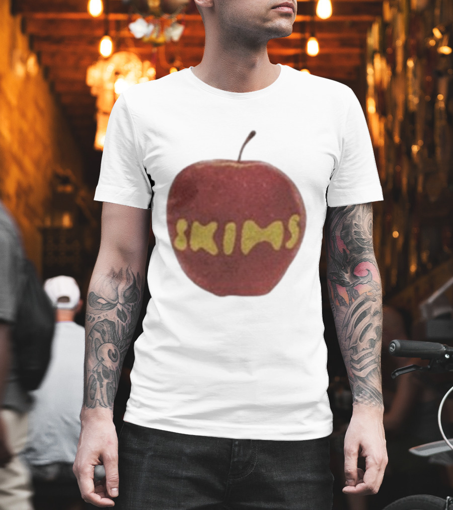 Skims Apple Bold Yellow Text On Red Apple T-Shirt