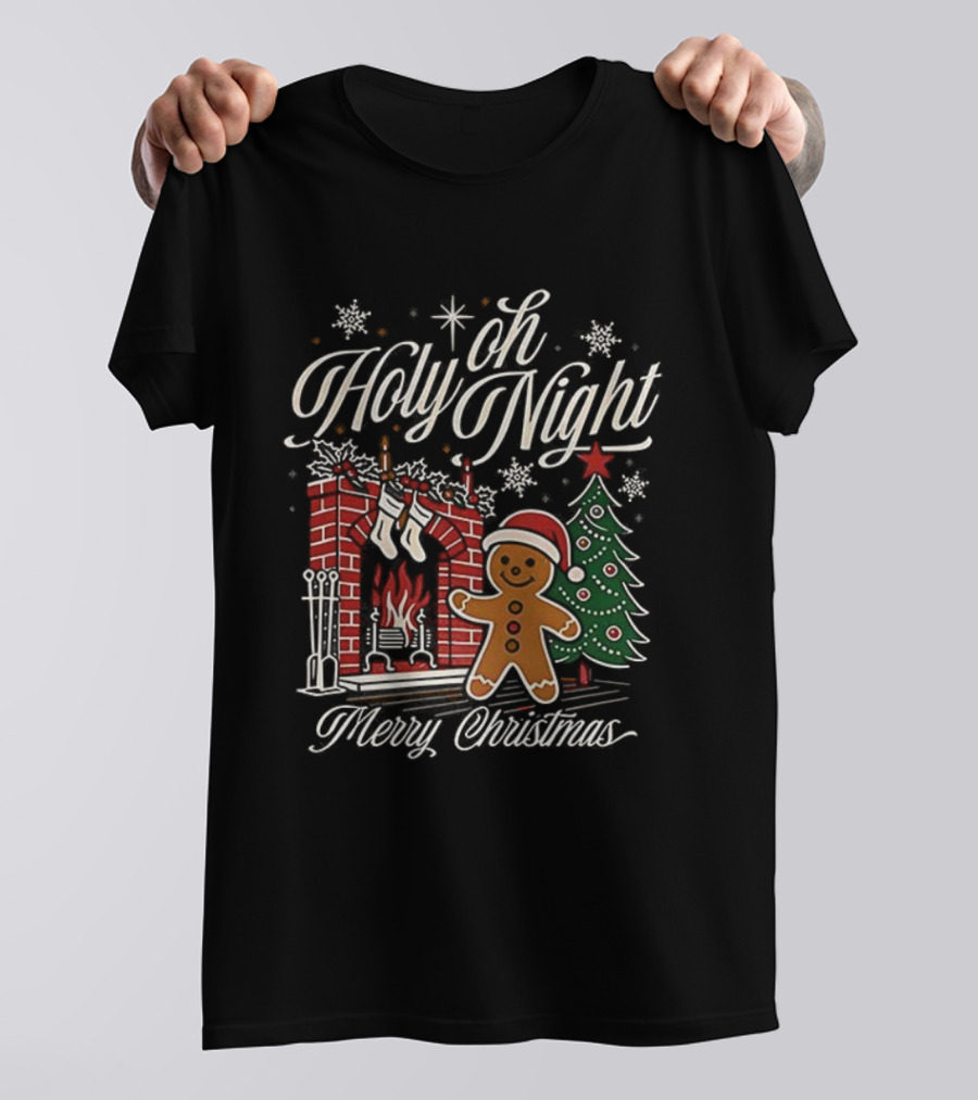 Oh Holy Night Gingerbread Merry Christmas By The Fireplace Tree T-Shirt