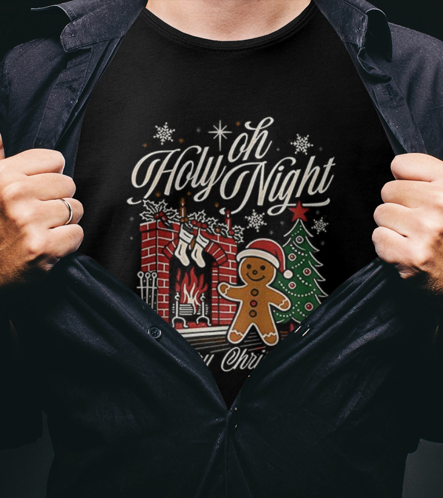 Oh Holy Night Gingerbread Merry Christmas By The Fireplace Tree T-Shirt