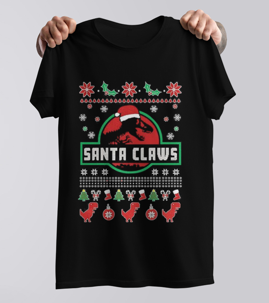 Junior Santa Claws Ho Ho Ho Ugly Christmas Sweater With Dinosaurs T-Shirt