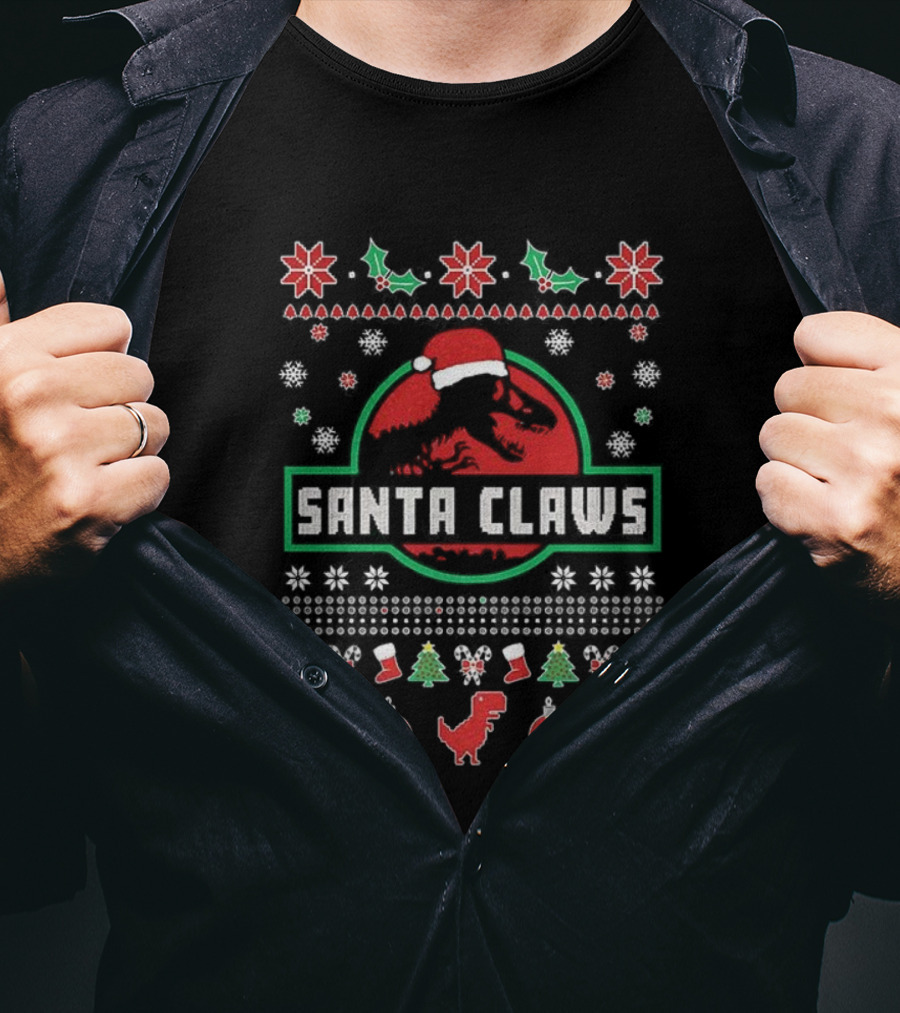 Junior Santa Claws Ho Ho Ho Ugly Christmas Sweater With Dinosaurs T-Shirt